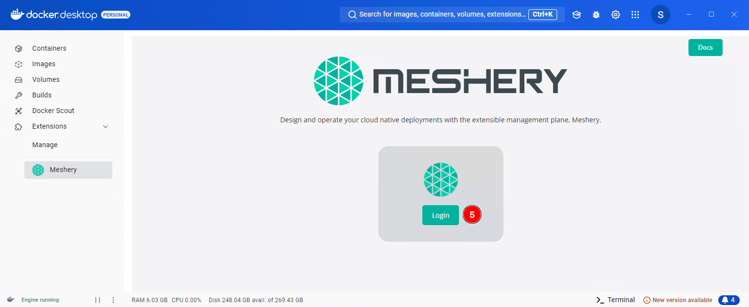 Docker Meshery Extension Login